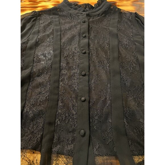 Zara Sheer Lace Black Ruffle Button Blouse Size Large Formal Designer Event City - Picture 10 of 12